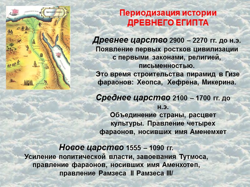 Периодизация истории ДРЕВНЕГО ЕГИПТА Древнее царство 2900 – 2270 гг. до н.э. Появление первых